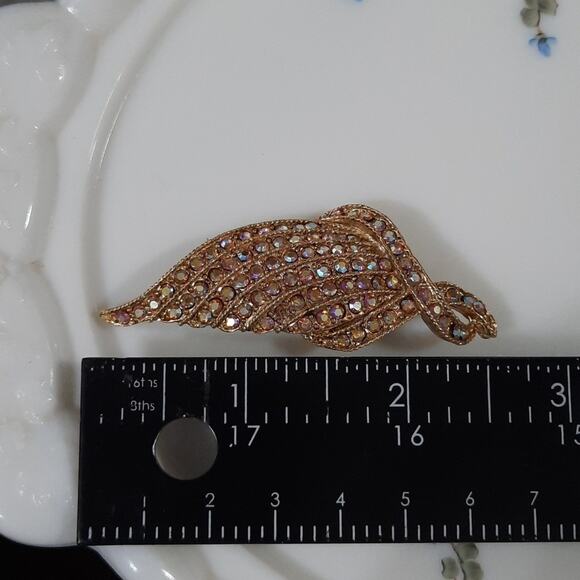 Vintage Gold Tone 2 1/2" Feather Wing Pin Brooch with Rhinestones - Picture 9 of 10